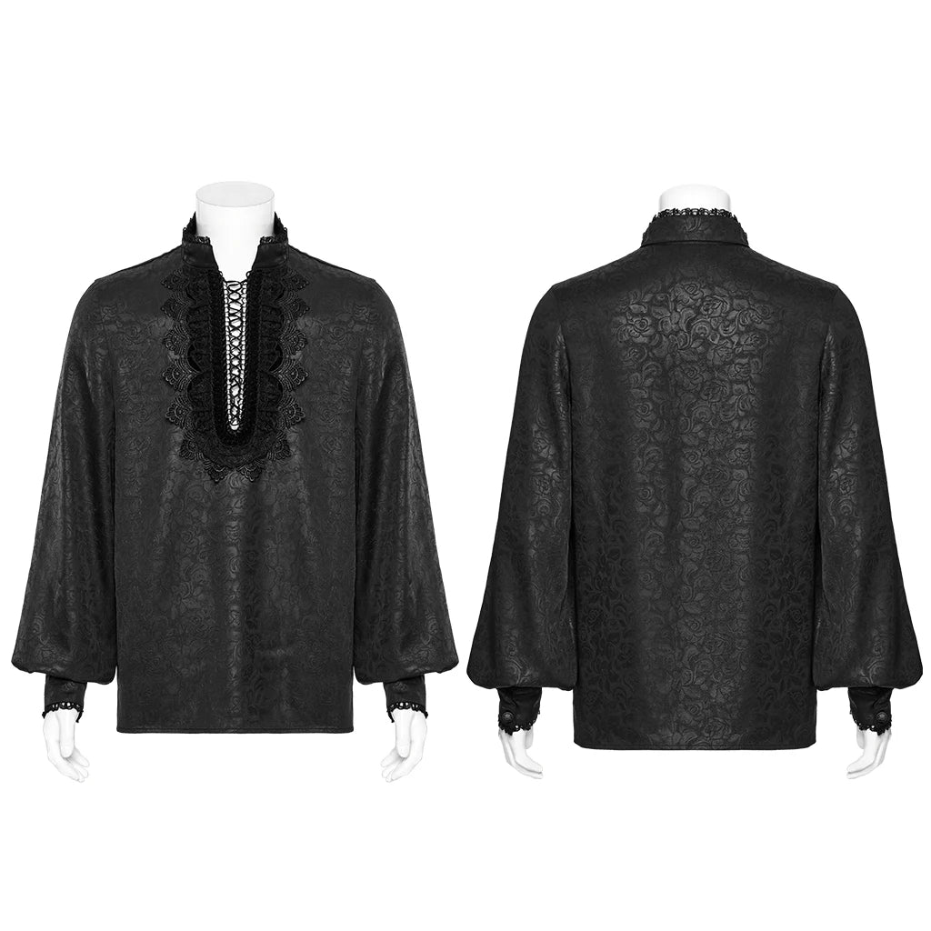PUNK RAVE Men's Goth Stand Up Collar Dark Rose Patterned Shirt Elegant Lace Front Drawstring Design Exquisite Feeling Tops Coven Couture Collective