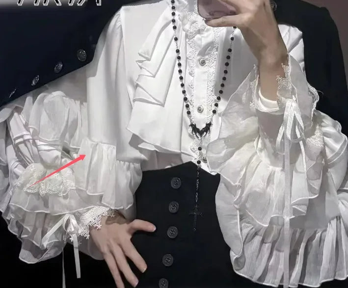 Gothic Shirt Y2k Top Lolita Girls Ruffle Umbrella Skirt High Waist Oversized Long Skirt Horn Long Sleeve Student Elegant Blouse