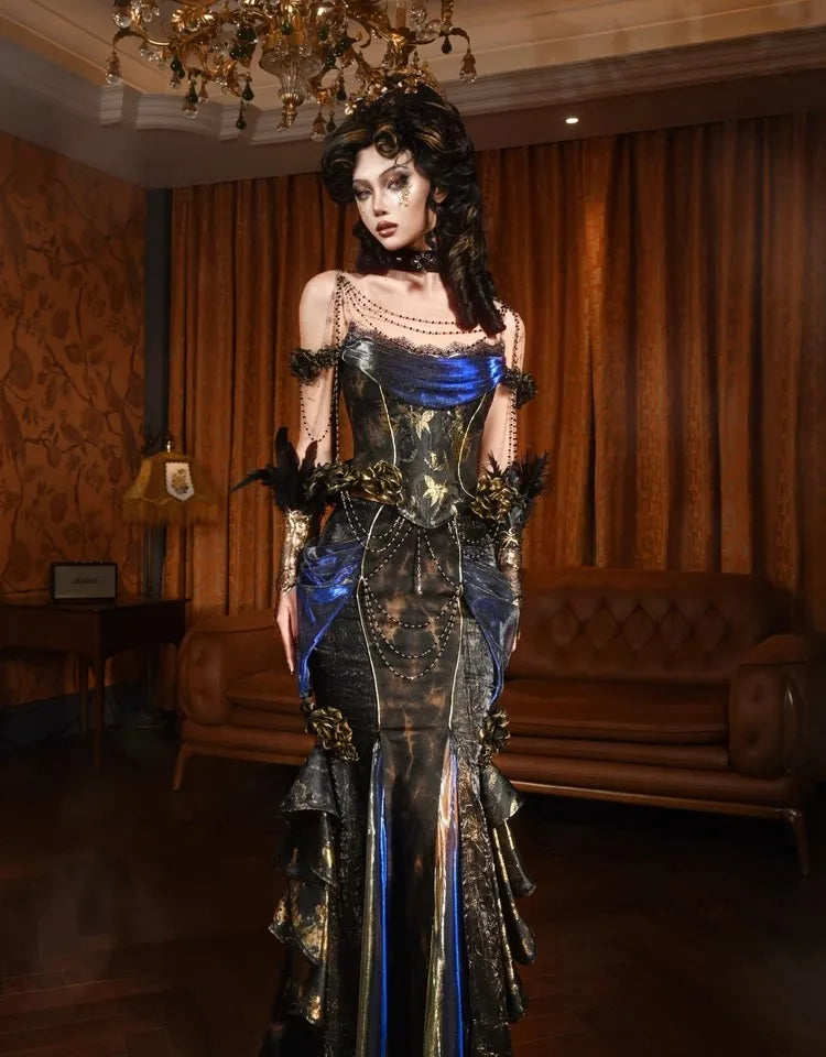 Blood Supply Original Sexy Off Shoulder Strap Blusa Classic European Golden Palace Ruffels Tassels Tuxedo Shirts Blouses Mujer