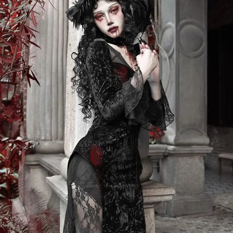 Blood Supply Original Design Vampire Black Red Dress Lace Patch Gothic Velvet Trumpet Long Sleeve X-Long Dress Halloween