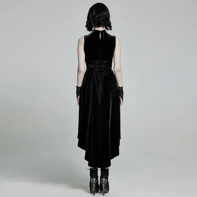 PUNK RAVE Women's Velvet Gothic Gorgeous Retro Irregular Hem Sleeveless Dress in Black or Red