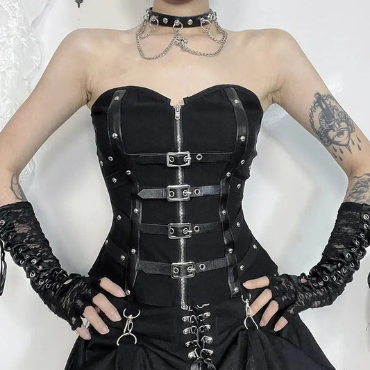 Goth Dark Punk Grunge Leather Buckle Strapless Corset Tops Mall Gothic Zip Women Tupe Top Y2K Coquette Streetwear Alt Tanks Vest Coven Couture Collective