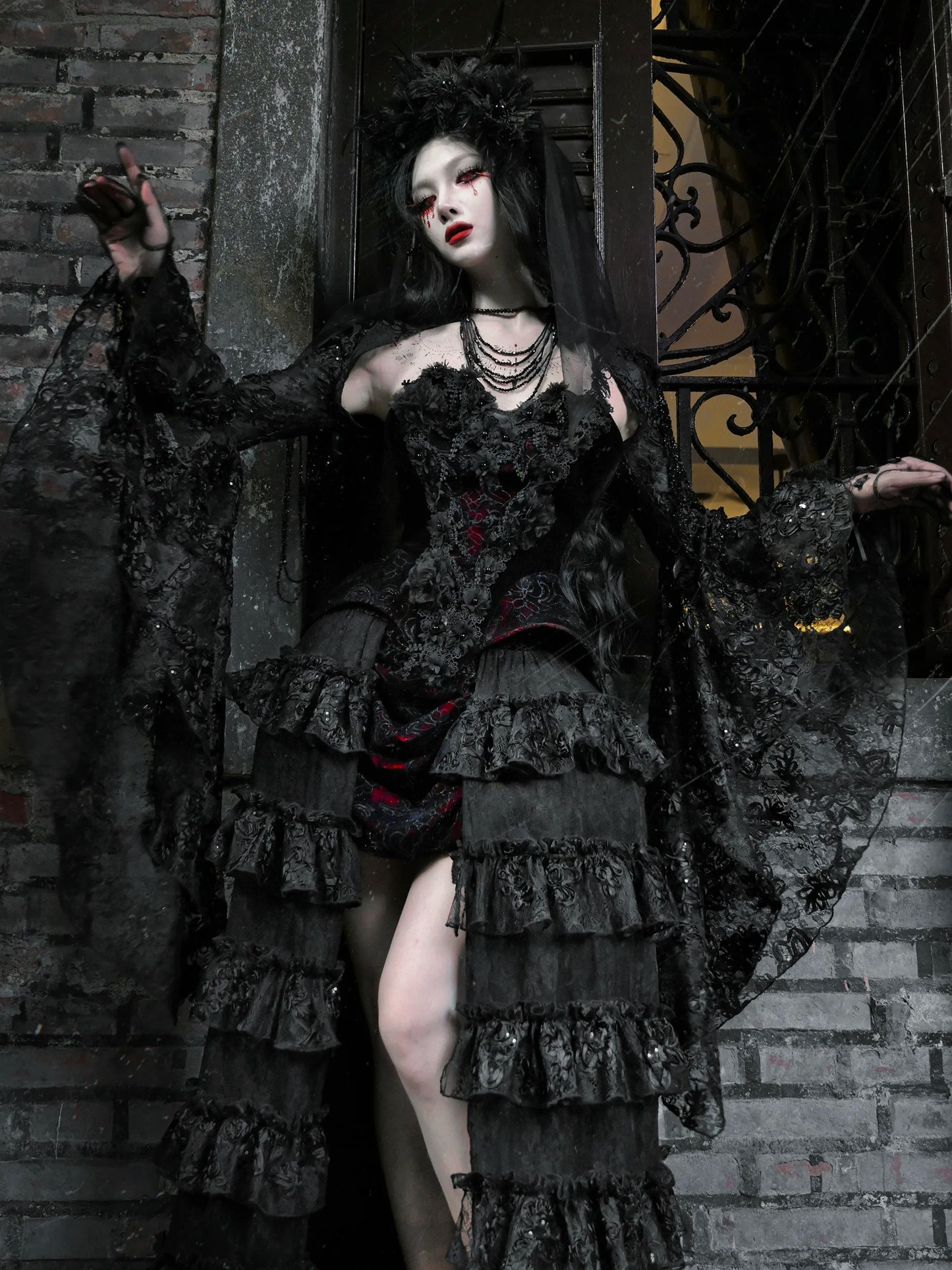 Blood Supply Original Bloody Red Gothic Velour Girdle Tube Top Slim Florals Patch Lace-up Halloween Winter Party Tanks Top