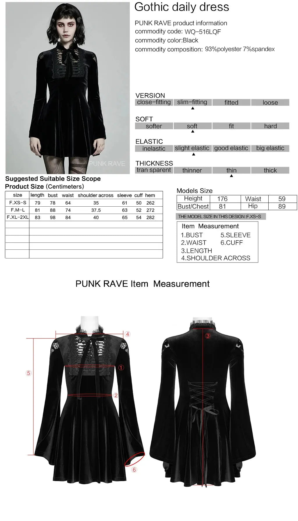 PUNK RAVE Women's Gothic Daily Dress Gorgeous Retro Knitted Velvet Lace-up Lace Collar Micro-horn Cuffs Party Dinner Dresses Coven Couture Collective