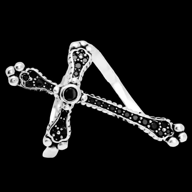Victorian Royalty Cross Ring with Black Stones for Women 925 Sterling Silver Vintage Jewellery