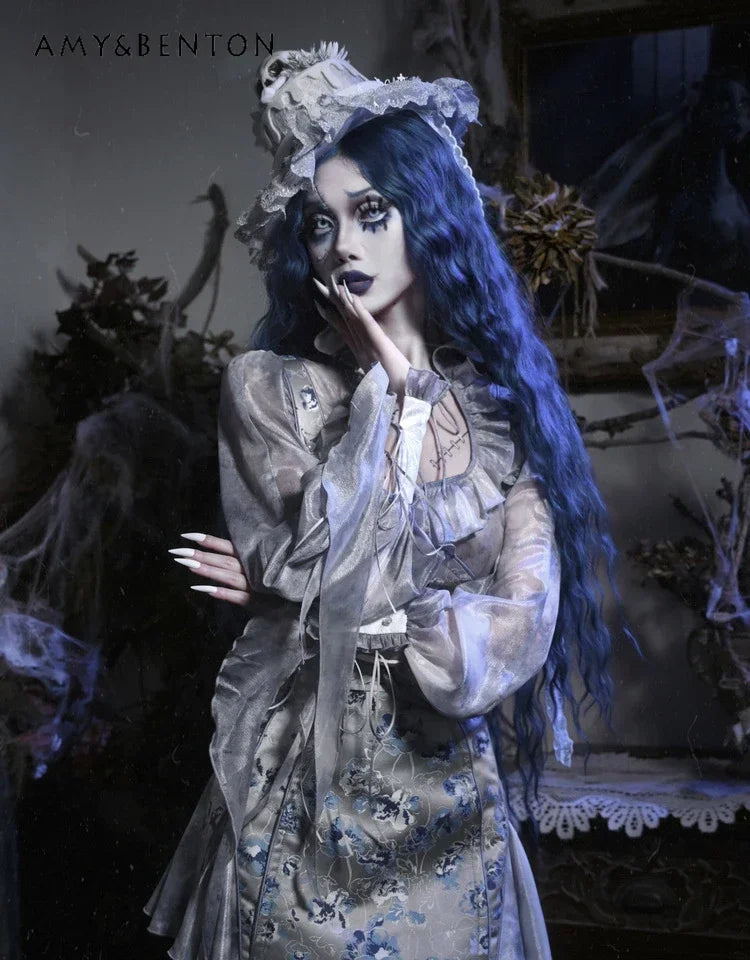 Blood Supply Original Design Goth Chiffon Tie-dye Old Lantern Sleeve Shirt Sexy Fishtail Skirt Two Piece Sets Womens Outifits