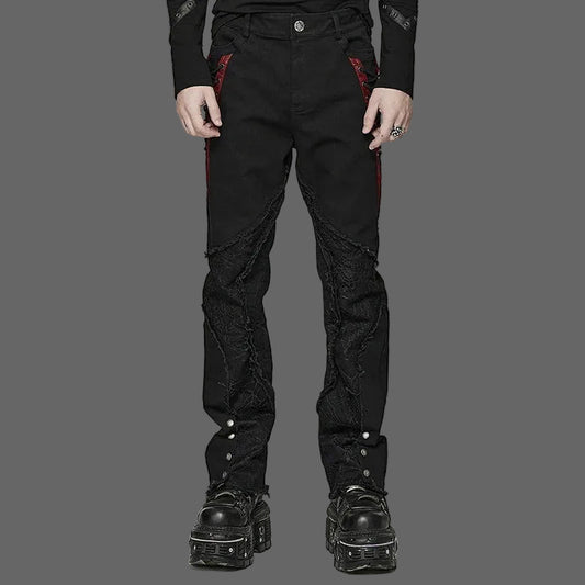 PUNK RAVE Men's Punk Cool Personality Spider Mesh Pants Gothic Irregularly Divided Casual Raw Edge Black Denim Coven Couture Collective