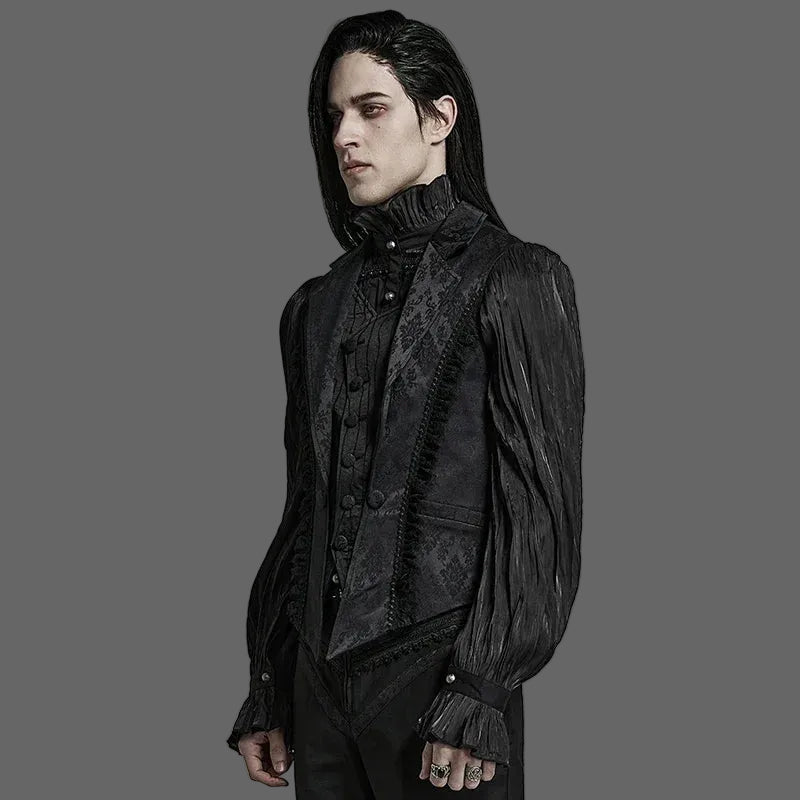 PUNK RAVE Men's Gothic Gorgeous Lace Decoration Asymmetric Lapel Waistcoat Unique Pointed Outline Elements Party Long Sleeve Top Coven Couture Collective