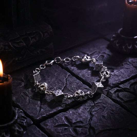 925 Sterling Silver Charm Bracelet – Vintage Dice & Floral Link Design Coven Couture Collective