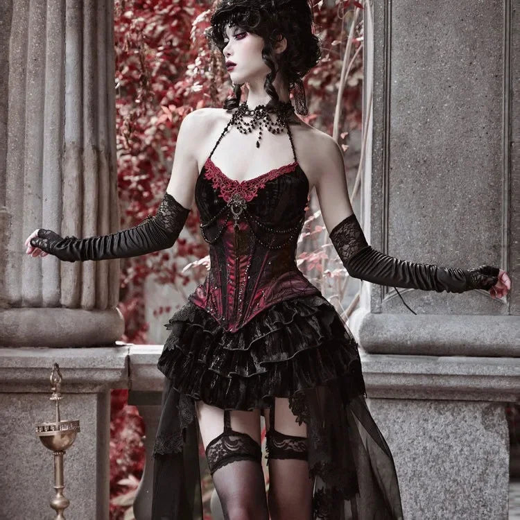 Vintage Gothic Dark Girl Velvet Fishbone Girdle Neck Sling Tanks Top High-waist Slim-fit Tail Skirt Ladies Cos Duchess Outfits