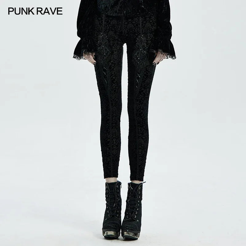 PUNK RAVE Women's Gothic Palace Retro Burn Out Flower Leggings Daily Wear Adjustable Elastic Band Skinny Delicate Pencil Pants