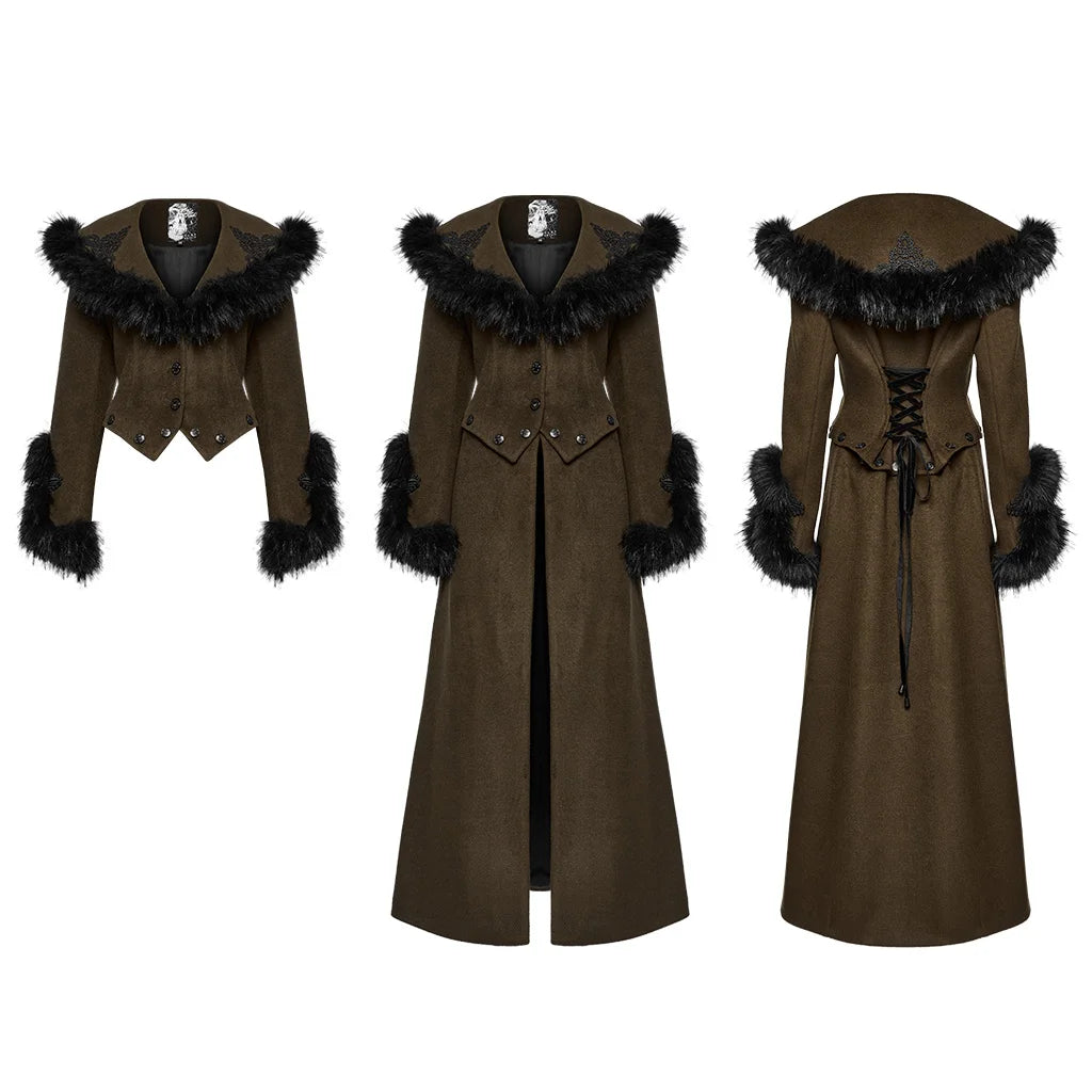 PUNK RAVE Women's Detachable Fur Collar & Hem Two-piece Jacket Gothic Atmosphere Adjustable Waist Long Coat Fall Winter