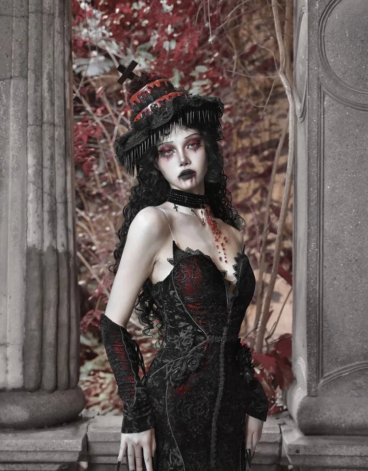 Blood Supply Original Design Vampire Black Red Dress Lace Patch Gothic Velvet Trumpet Sleeveless Sexy X-Long Dress Halloween