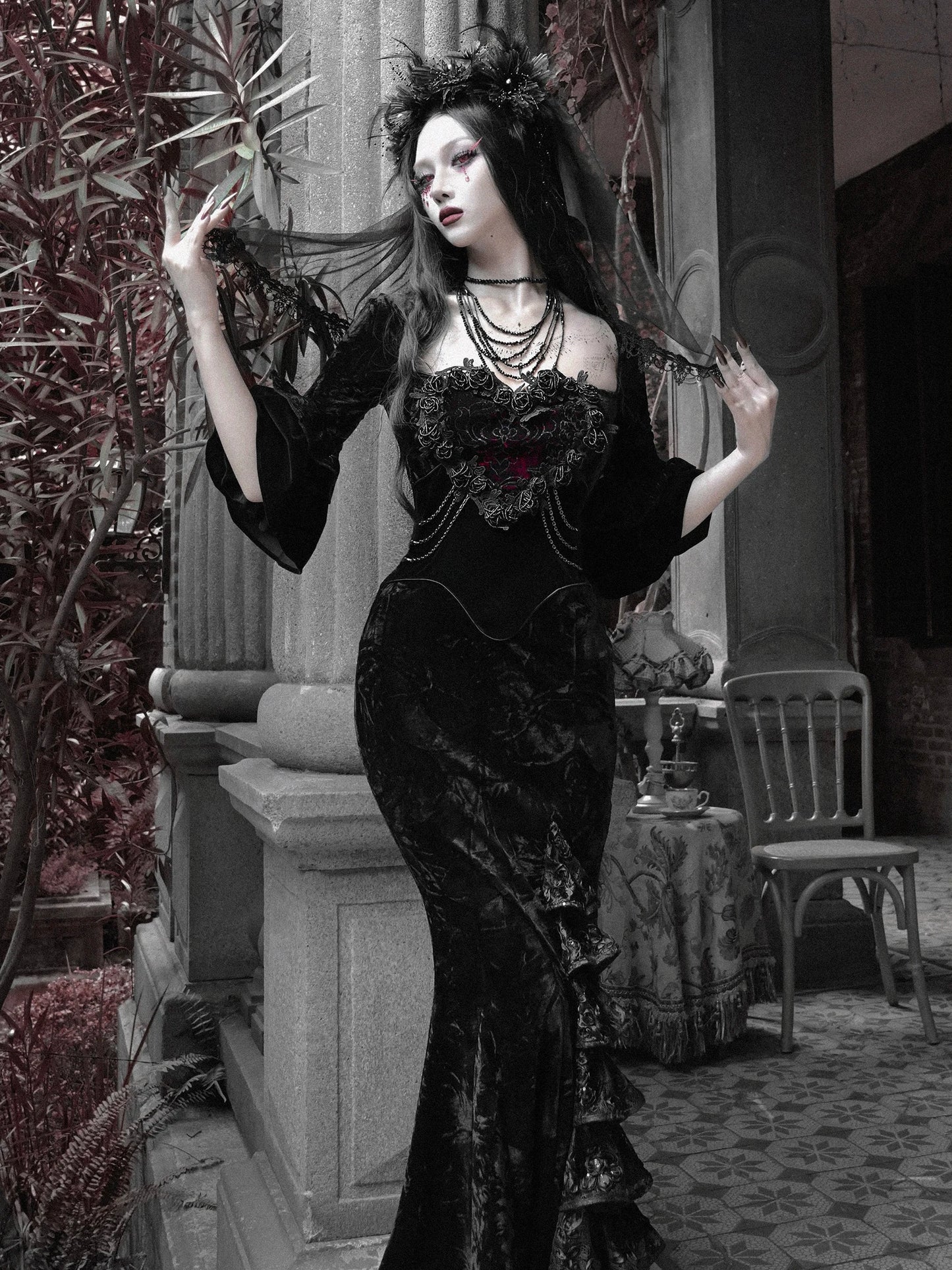 Blood Supply Original Design Bloody Red Black Gothic Velvet Tube Strapless Dress Trumpet Long Slim Party Vestido Halloween