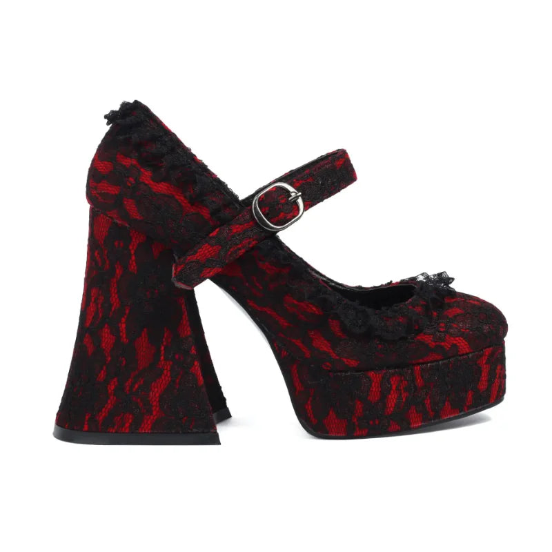 Waterproof Platform High Heels with Thick Sole Mary Jane Flats Elegant Lace Edged Single Shoes for Adults Pointed Toe Patchwork Design