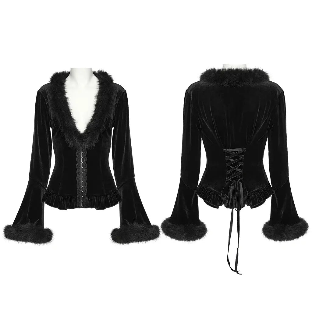 PUNK RAVE Women's Gothic Sunny Velvet Furry V-neck Cardigan Split Flared Sleeves Elegant Charm Women Sexy Dark Tops Shirts Coven Couture Collective