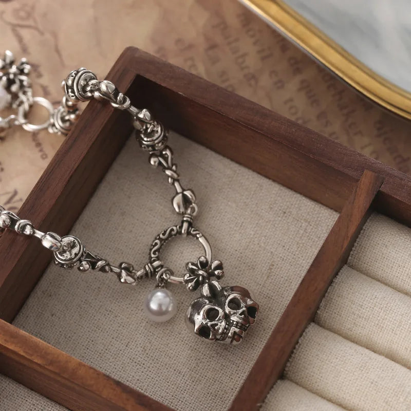 Best Sell Vintage Skull Heads Thai Silver Unisex Punk Rock Charm Bracelet Jewelry For Women Man Halloween Gift Cheap No Fade