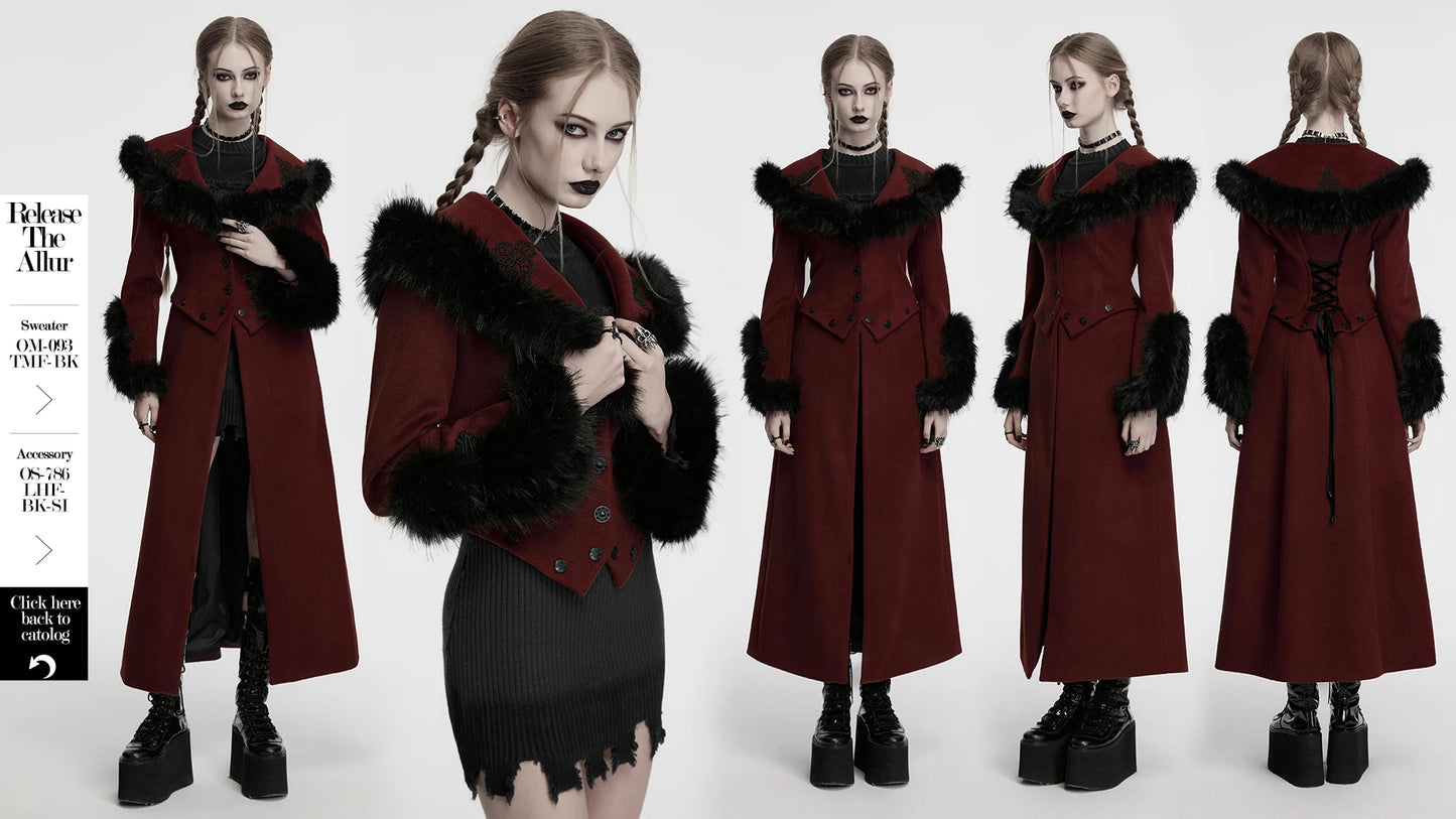 PUNK RAVE Women's Detachable Fur Collar & Hem Two-piece Jacket Gothic Atmosphere Adjustable Waist Long Coat Fall Winter