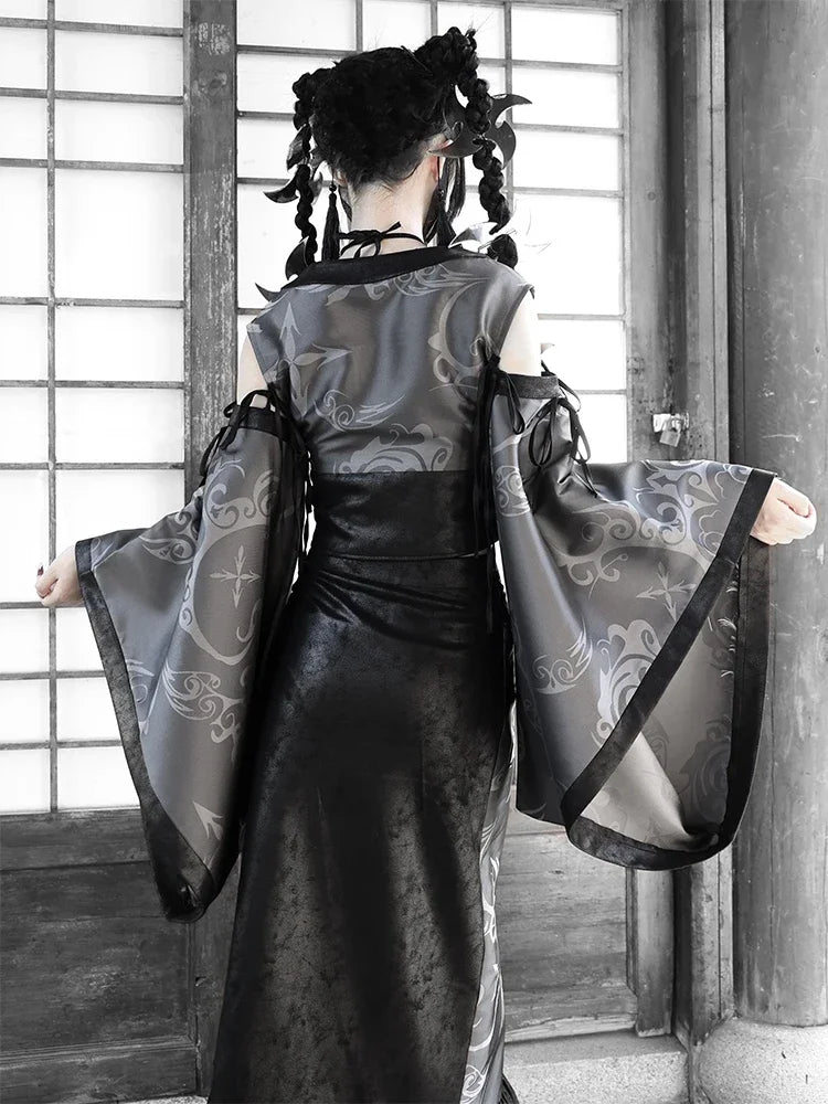 Blood Supply Original Kimono Design Japanese Furisode Sleeve Hollow Out Top Jacquard Dark Goth Suede Halloween Mesh Top Blouse