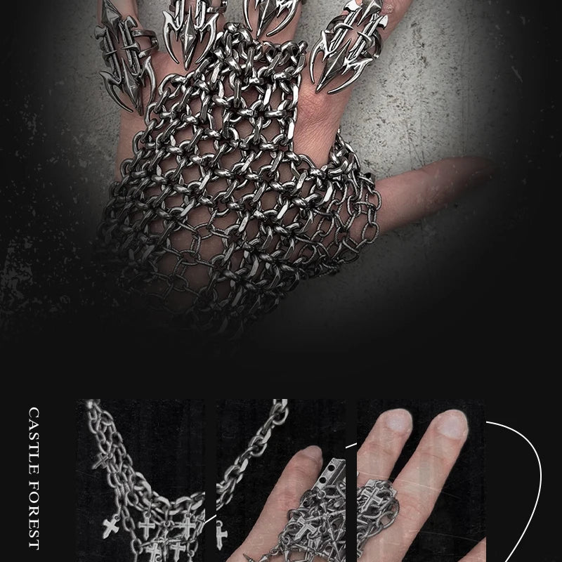 Gothic Cross Chain Jewellery Set for Women Men, Punk Statement Necklaces Rings Accessories, Edgy Party Jewellery Collection