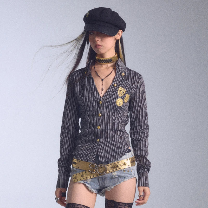 Karrcat Grunge Aesthetics Gold Foil Print Shirt Vintage Y2k V-neck Striped Shirt Trashy 2000s Style Slim Blouses Harajuku Retro