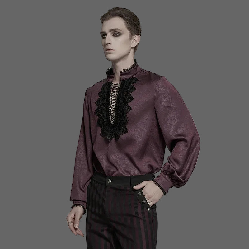 PUNK RAVE Men's Goth Stand Up Collar Dark Rose Patterned Shirt Elegant Lace Front Drawstring Design Exquisite Feeling Tops Coven Couture Collective