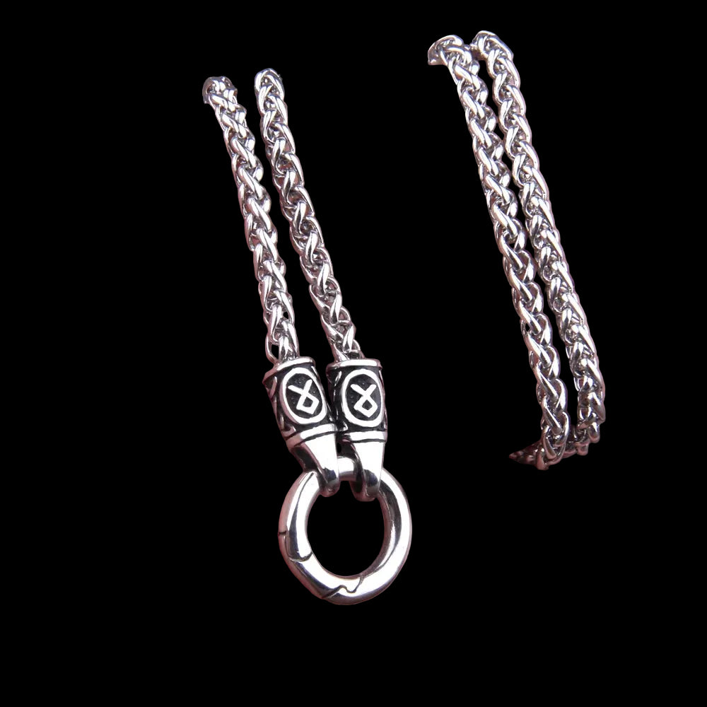 Nordic Viking Rune Pendant Necklace with Open round Clasp Stainless Steel Chain for Men Wood Box Included