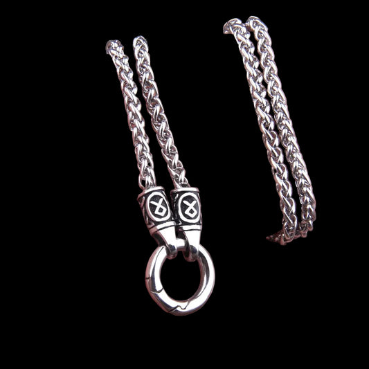 Nordic Viking Rune Pendant Necklace with Open round Clasp Stainless Steel Chain for Men Wood Box Included