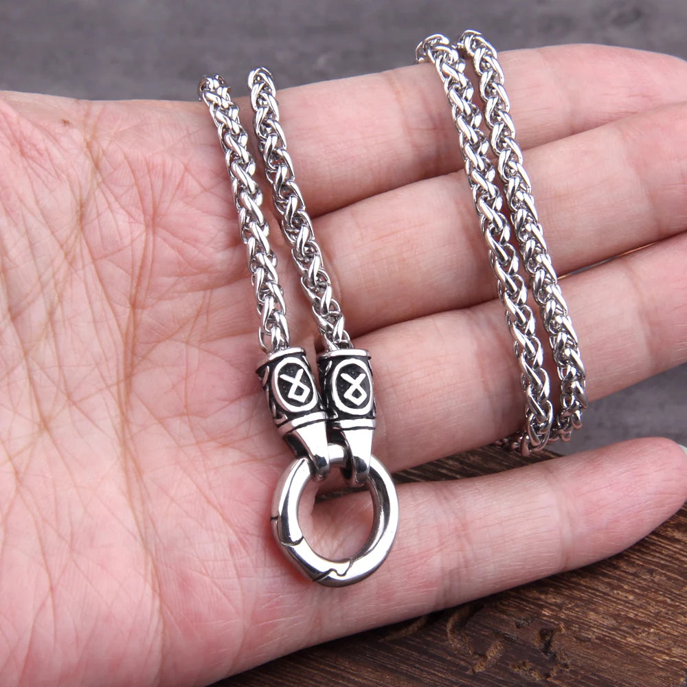 Nordic Viking Rune Pendant Necklace with Open round Clasp Stainless Steel Chain for Men Wood Box Included