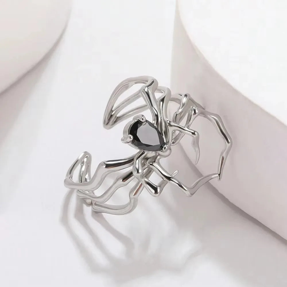 Punk Spider Rings for Women Silver Color Dark Retro Black Gem Spider Ring Hip-Hop Halloween Jewelry Accessories