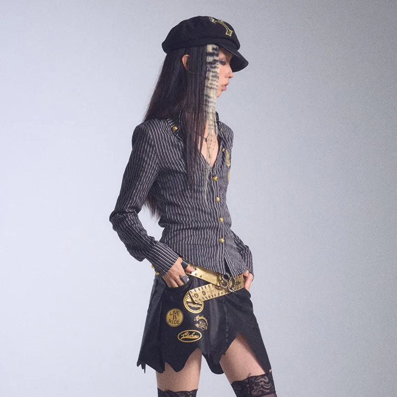 Karrcat Grunge Aesthetics Gold Foil Print Shirt Vintage Y2k V-neck Striped Shirt Trashy 2000s Style Slim Blouses Harajuku Retro