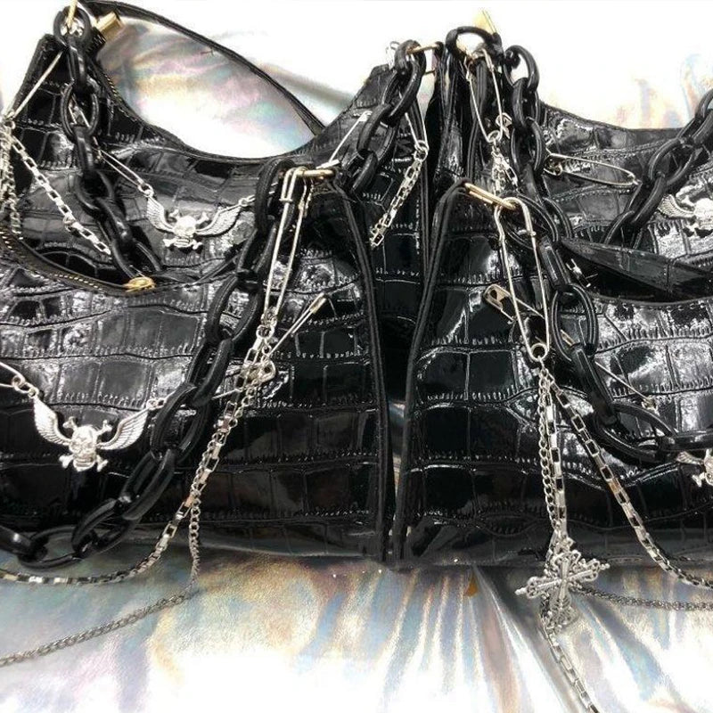 Gothic Dark Punk Underarm Bag With Skull Shoulder Bag Y2k Chain Crocodile Pattern Crossbody Bag Korean Popular Aesthetic Bags
