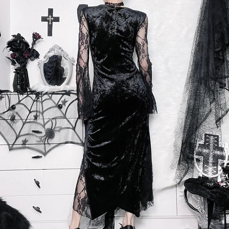 Goth Dark Elegant Mall Gothic Women Evening Dresses Grunge Aesthetic E-girl Velvet Midi Dress Lace Splice Sexy Split Alt Outfits