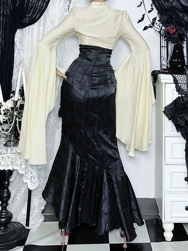 AltGoth Subculture Vintage Gothic Skirt Women Dark Palace Style Y2k E-girl Streetwear Embroidery High Waist Fishtail Skirt Femme