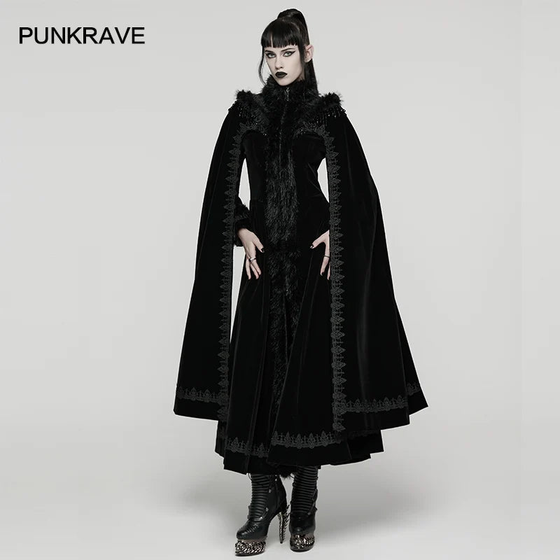 PUNK RAVE Women's Gothic Gorgeous Splendor Weft Velveteen Tassel Cloak Coat Mysterious Elegant Adjustable Drawstring Long Cape