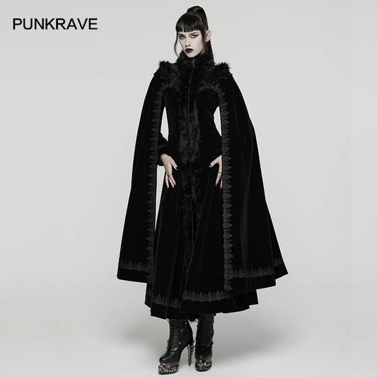 PUNK RAVE Women's Gothic Gorgeous Splendor Weft Velveteen Tassel Cloak Coat Mysterious Elegant Adjustable Drawstring Long Cape