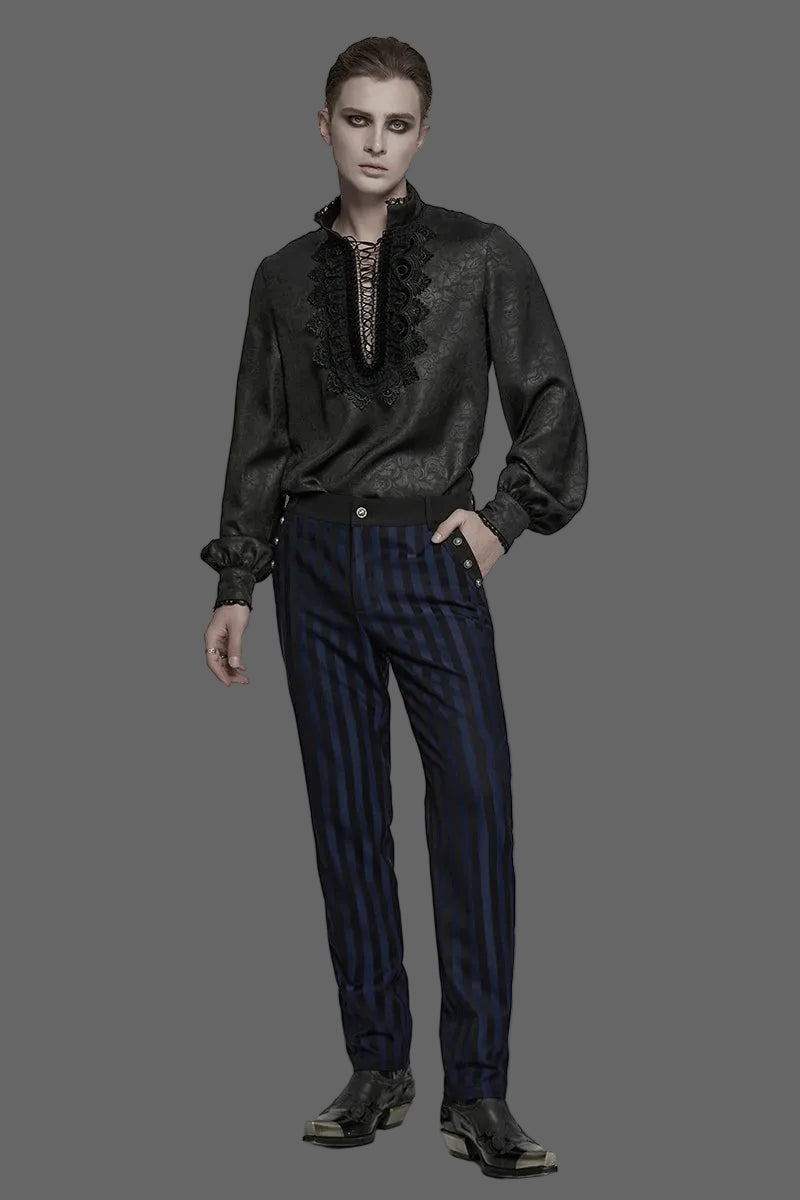 PUNK RAVE Men's Goth Stand Up Collar Dark Rose Patterned Shirt Elegant Lace Front Drawstring Design Exquisite Feeling Tops Coven Couture Collective