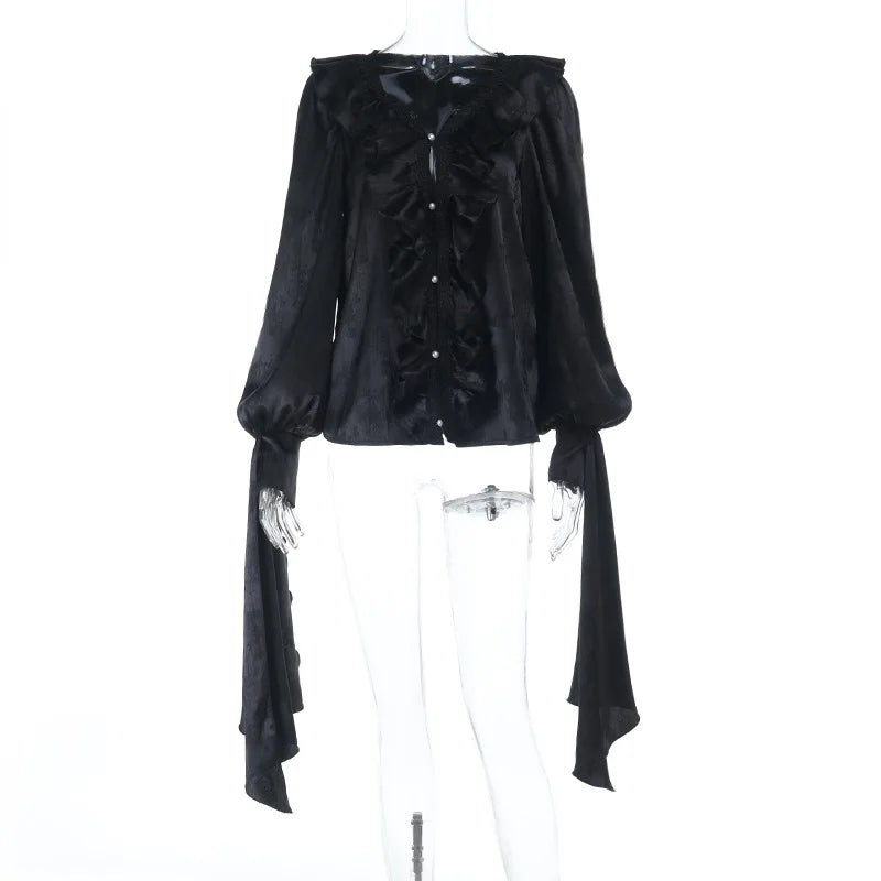 AltGoth Vintage Gothic Black Shirts Women Palace Style Streetwear Y2k E-girl Harajuku V-neck Ruffle Long Sleeve Bluose Cosplay