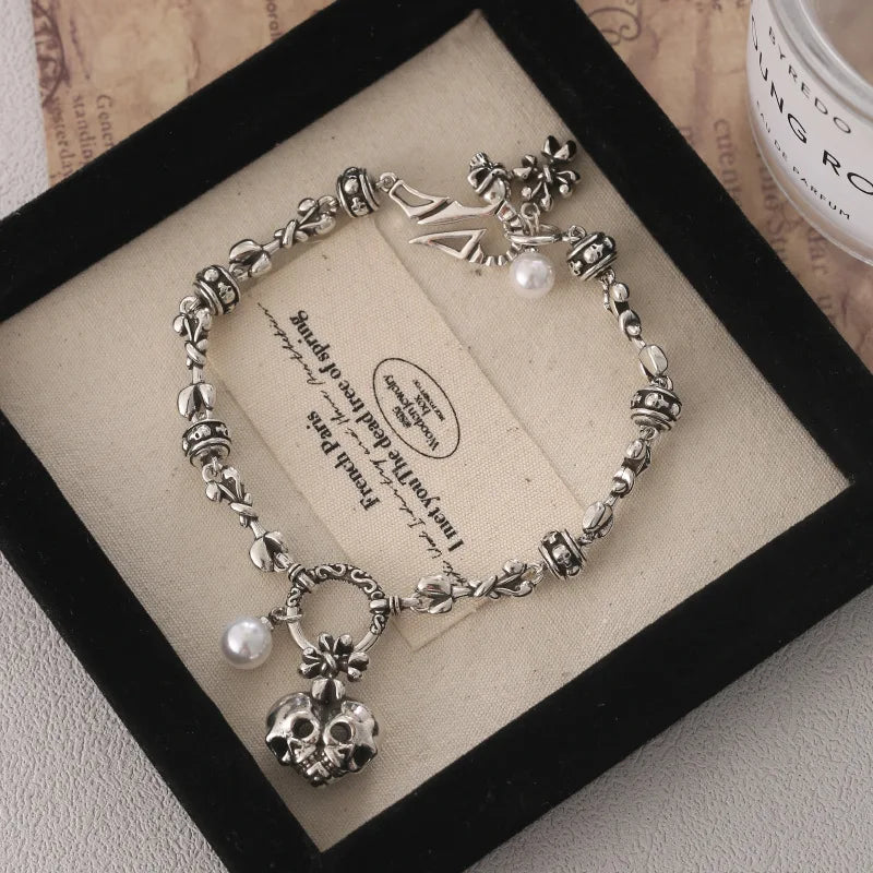 Best Sell Vintage Skull Heads Thai Silver Unisex Punk Rock Charm Bracelet Jewelry For Women Man Halloween Gift Cheap No Fade