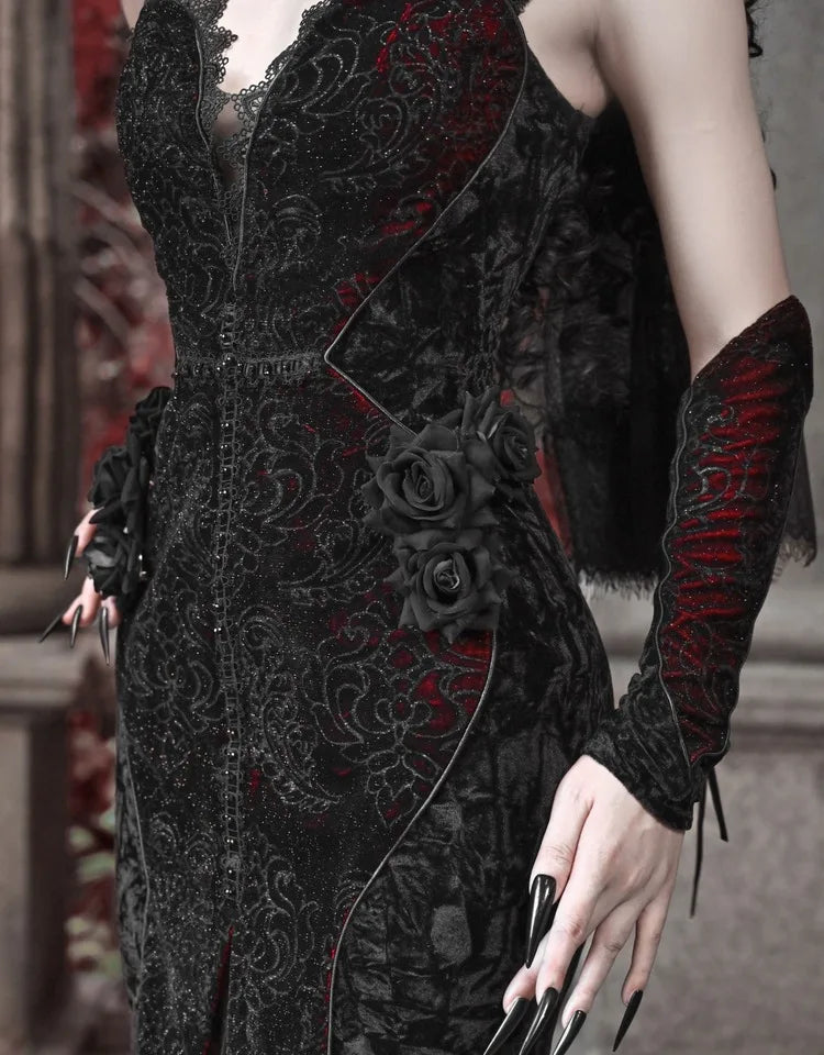 Blood Supply Original Design Vampire Black Red Dress Lace Patch Gothic Velvet Trumpet Sleeveless Sexy X-Long Dress Halloween