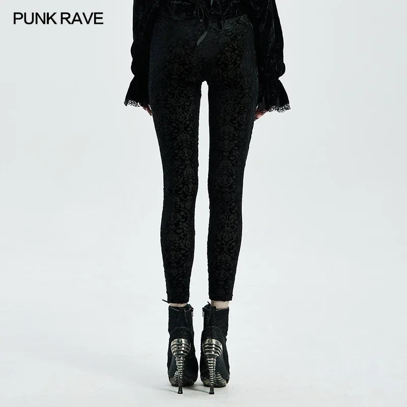 PUNK RAVE Women's Gothic Palace Retro Burn Out Flower Leggings Daily Wear Adjustable Elastic Band Skinny Delicate Pencil Pants