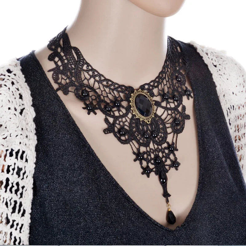 1PC Gothic Collar Necklace Black Beaded Sexy Lace Neck Choker Vintage Tassel Chain Women Steampunk Halloween Jewelry Gift