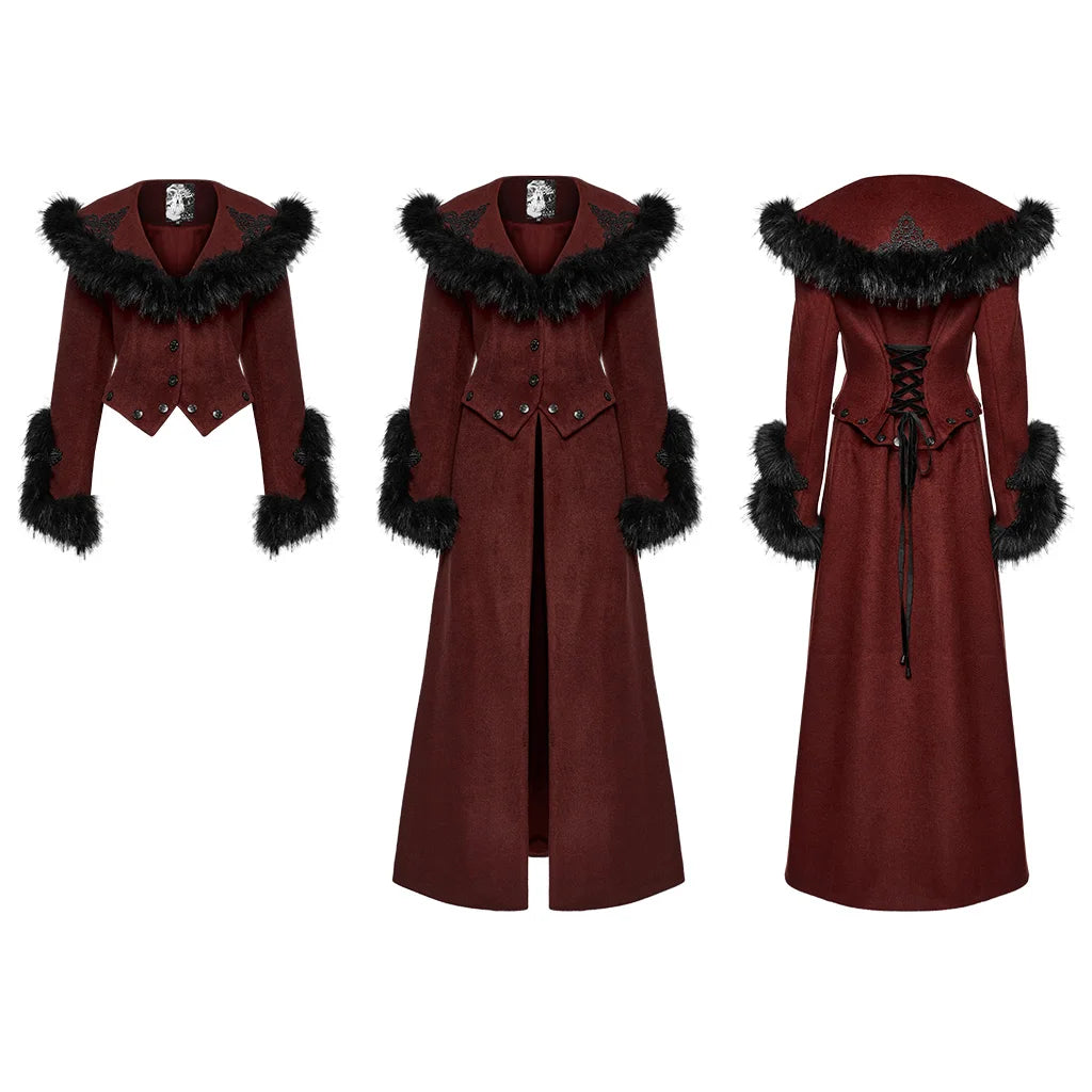 PUNK RAVE Women's Detachable Fur Collar & Hem Two-piece Jacket Gothic Atmosphere Adjustable Waist Long Coat Fall Winter