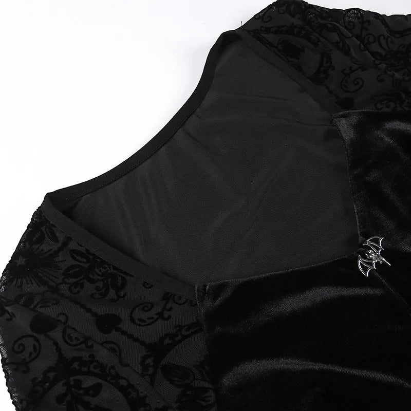 Goth Dark Elegant Vintage Mall Gothic Velvet Dresses Grunge Punk Style Flocked Bandage Dress Women Flare Sleeve Party Alt Outfit