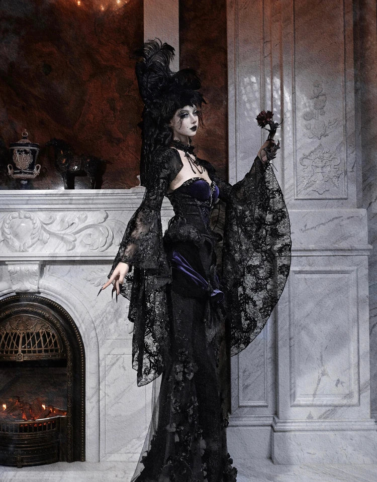 Blood Supply Original Design Gothic Luxury Embroid Mesh Patch Trumpet Skirt Rose X-long Halloween Velour Skirts Jupe Autumn