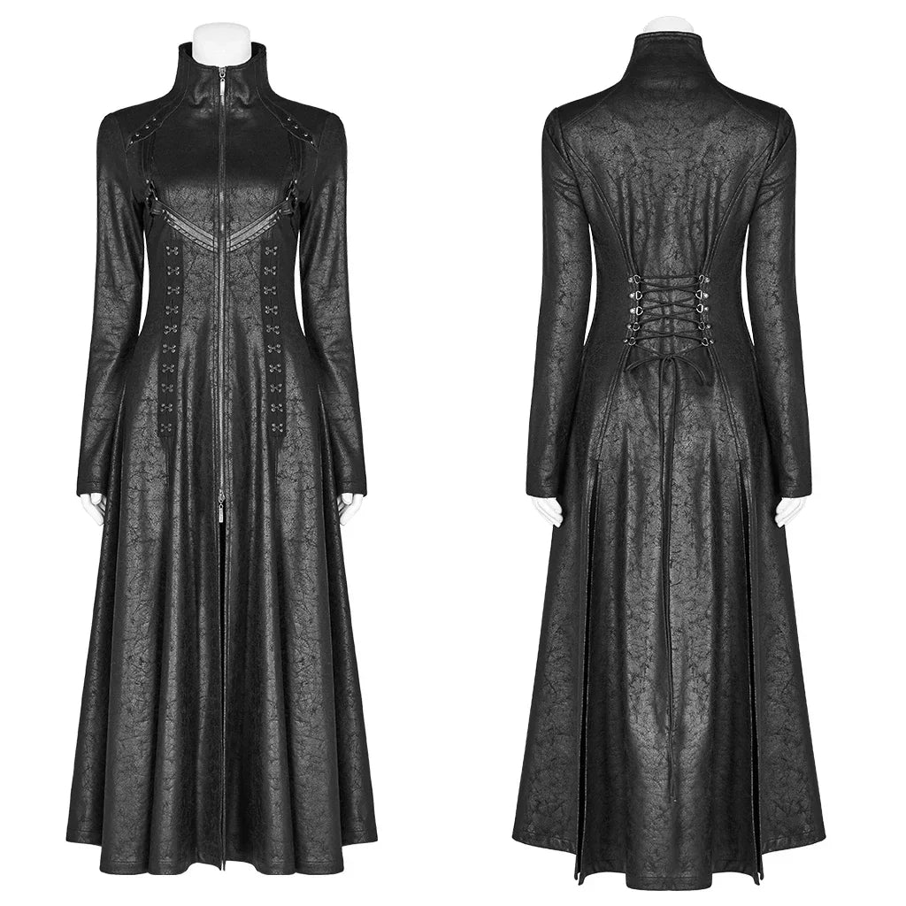 PUNK RAVE Women's Dark Punk Front Zipper Stand Collar Maxi Overcoat Goth Stage Performance Cosplay Womens Trench Long Coats
