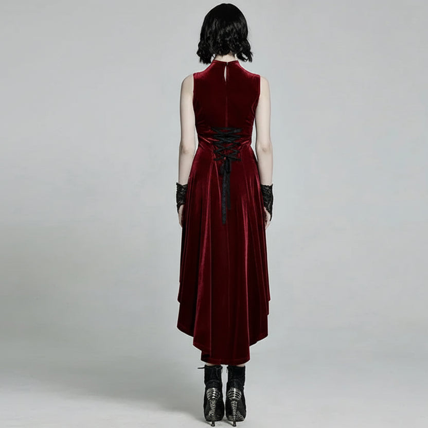 PUNK RAVE Women's Velvet Gothic Gorgeous Retro Irregular Hem Sleeveless Dress in Black or Red
