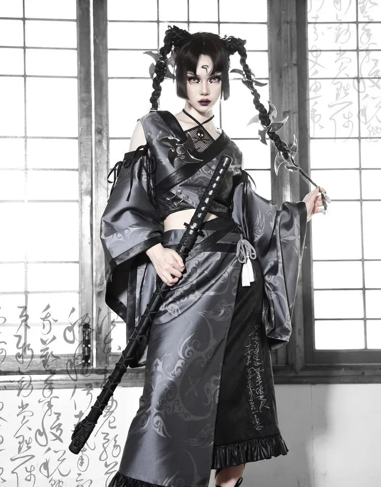 Blood Supply Original Kimono Design Japanese Furisode Sleeve Hollow Out Top Jacquard Dark Goth Suede Halloween Mesh Top Blouse