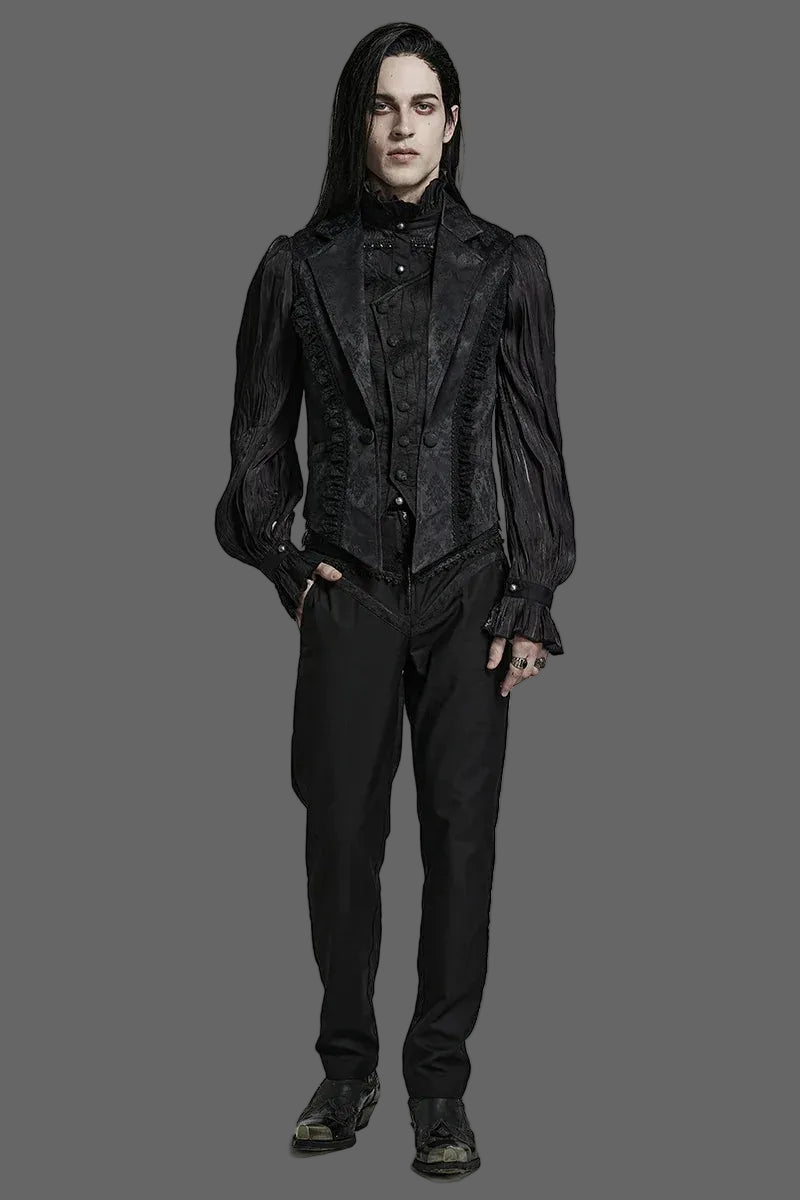 PUNK RAVE Men's Gothic Gorgeous Lace Decoration Asymmetric Lapel Waistcoat Unique Pointed Outline Elements Party Long Sleeve Top Coven Couture Collective