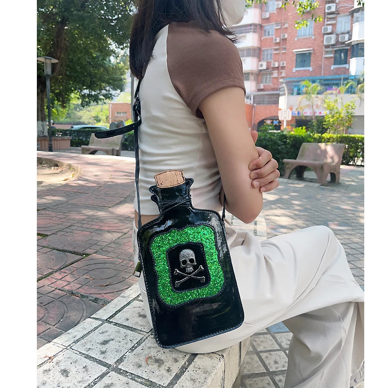 Gothic Kitsch Poison Bottle Shaped Handbag and Purse for Women Dark Lolita Skull Decoration Punk Goth Style Girls Shoulder Bags